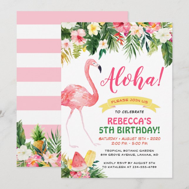 Aloha Tropical Floral Luau Kids Birthday Party Invitation (Front/Back)