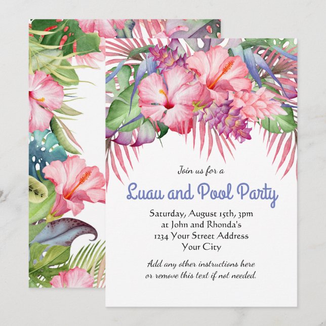 Aloha Tropical Floral Luau Pool Party Invitation (Front/Back)