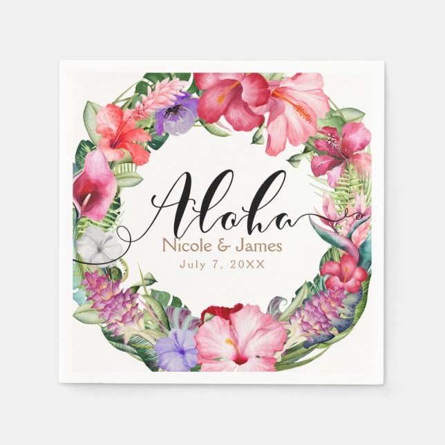 Aloha Tropical Floral Wreath Luau Wedding Party Napkin (Front)