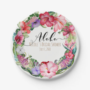 Aloha Tropical Floral Wreath Luau Wedding Party Paper Plate