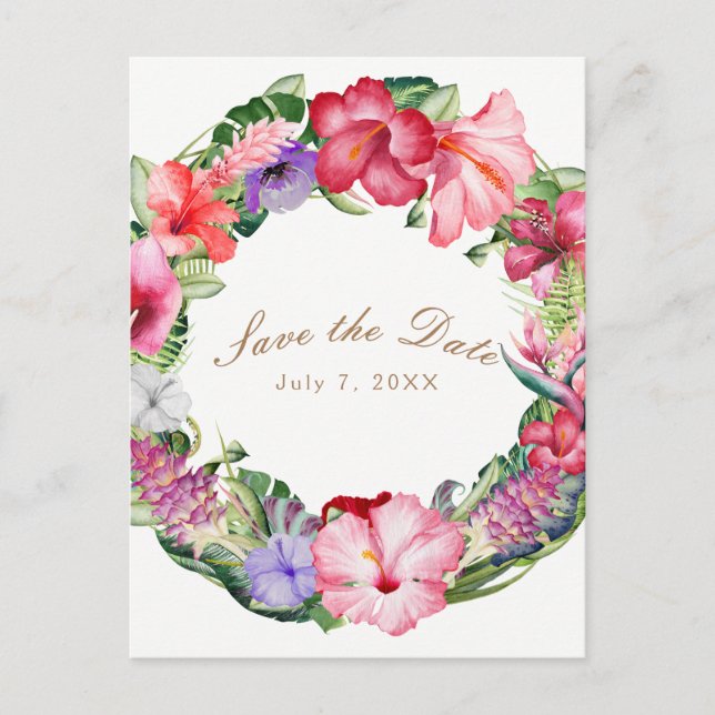Aloha Tropical Floral Wreath Wedding Save the Date Announcement Postcard (Front)