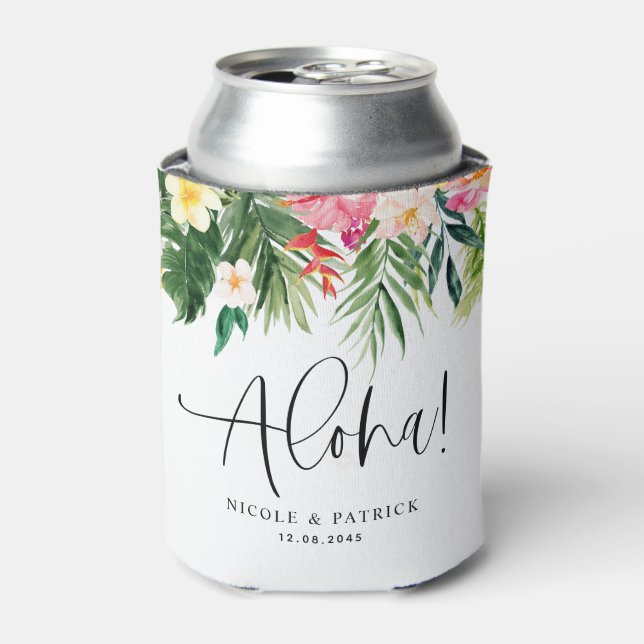 Aloha Tropical Flowers and Greenery Summer Wedding Can Cooler (Can Front)