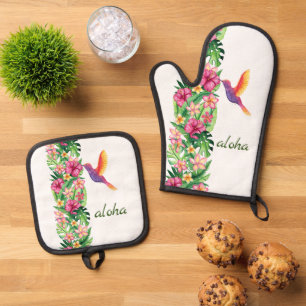 Aloha Tropical Flowers & Bird Oven Mitt & Pot Holder Set