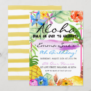 Aloha Tropical Flowers Luau Watercolor Birthday Invitation