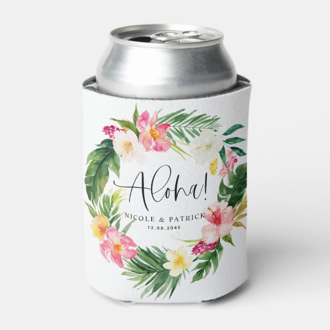 Aloha Tropical Flowers Wreath Summer Wedding Can Cooler (Can Front)