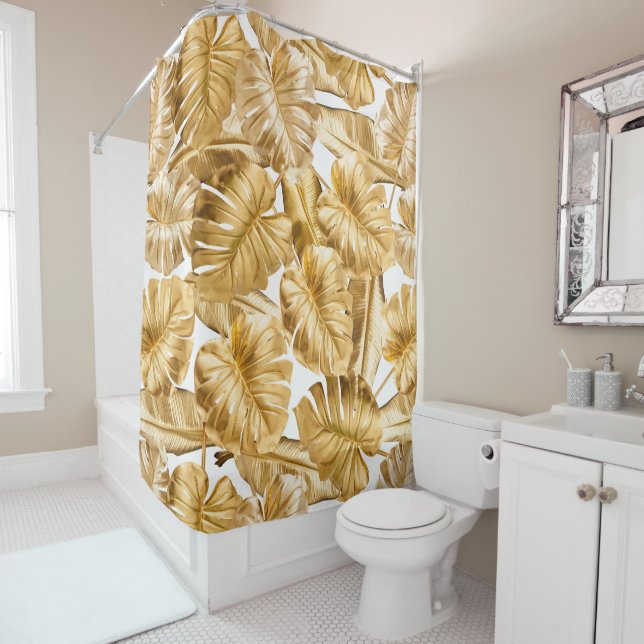 Aloha Tropical Gold Glitter Monstera Leaves Shower Curtain (In Situ)
