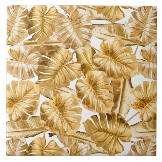 Aloha Tropical Gold Glitter Monstera Leaves Tile (Front)