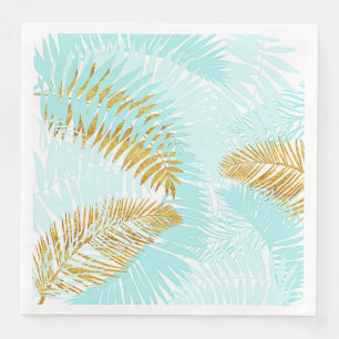 Aloha-Tropical Gold Metal Foil Aqua Palm Leaves Napkin