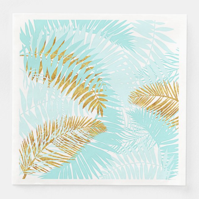 Aloha-Tropical Gold Metal Foil Aqua Palm Leaves Napkin (Front)