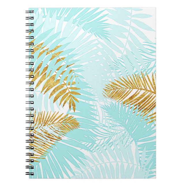 Aloha-Tropical Gold Metal Foil Aqua Palm Leaves Notebook (Front)