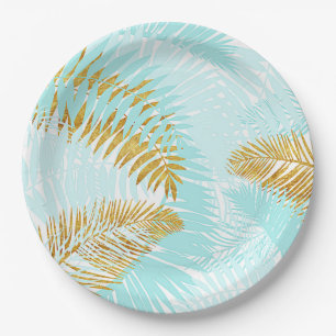 Aloha-Tropical Gold Metal Foil Aqua Palm Leaves Paper Plate