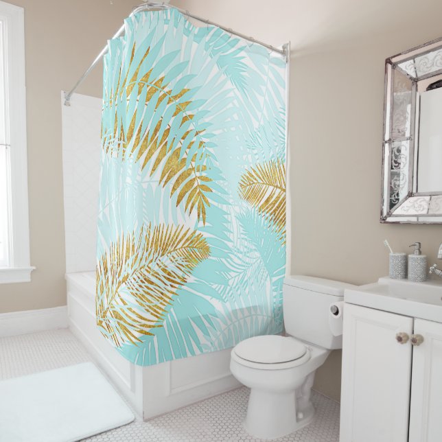 Aloha-Tropical Gold Metal Foil Aqua Palm Leaves Shower Curtain (In Situ)