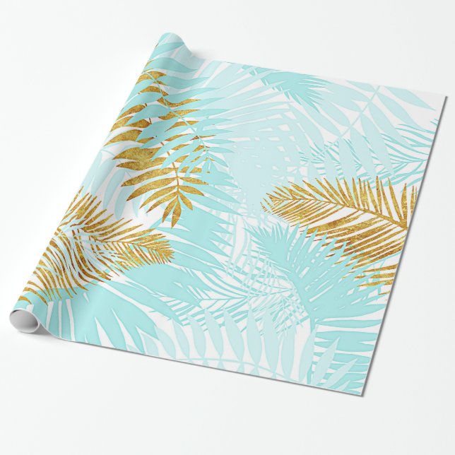 Aloha-Tropical Gold Metal Foil Aqua Palm Leaves Wrapping Paper (Unrolled)