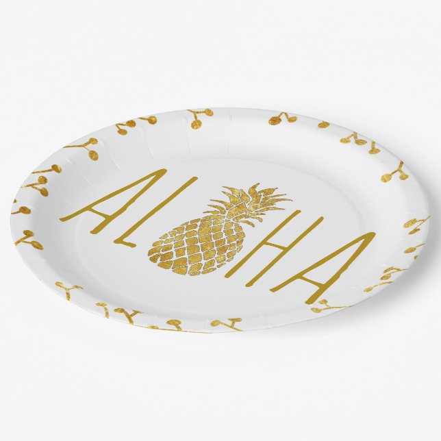 aloha tropical golden pineapple paper plate (Angled)