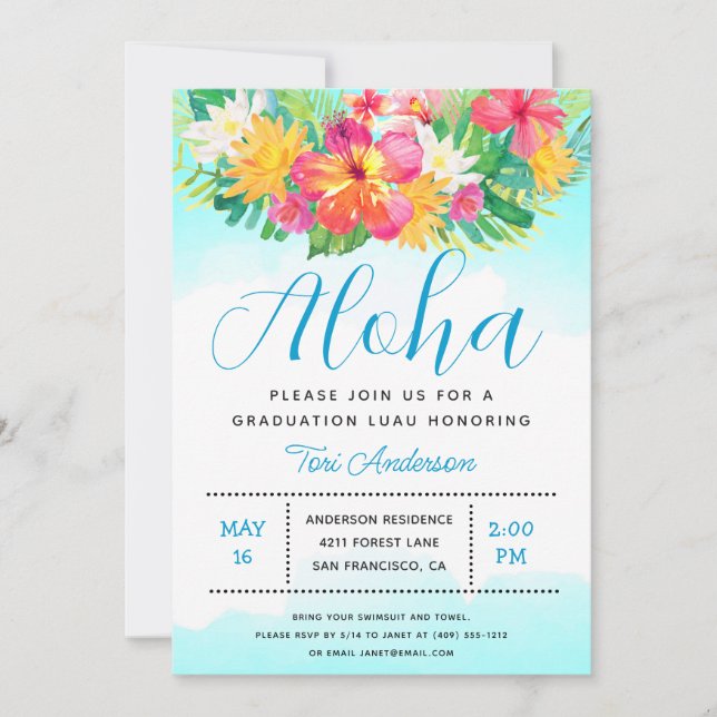 Aloha Tropical Graduation Luau Blue Invitation (Front)