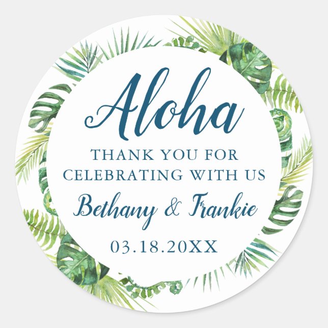 Aloha Tropical Greenery Beach Wedding Thank You Classic Round Sticker (Front)