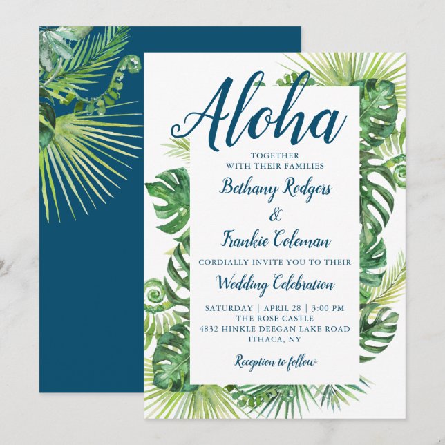 Aloha Tropical Greenery Blue Beach Wedding Invitation (Front/Back)