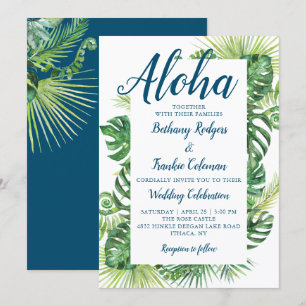 Aloha Tropical Greenery Blue Beach Wedding Invitation