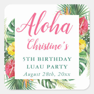 Aloha Tropical Greenery Floral Luau Birthday Party Square Sticker