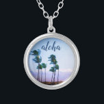 Aloha Tropical Hawaii Palm Trees Purple Mountains Silver Plated Necklace<br><div class="desc">“Aloha”. Drift back to the warm breezes of the Hawaiian Islands whenever you wear this chic, stylish, photo charm necklace of green palm trees gently blowing on the Big Island. This necklace comes in small, medium and large sizes, as well as both square and circle shapes. You can order this...</div>