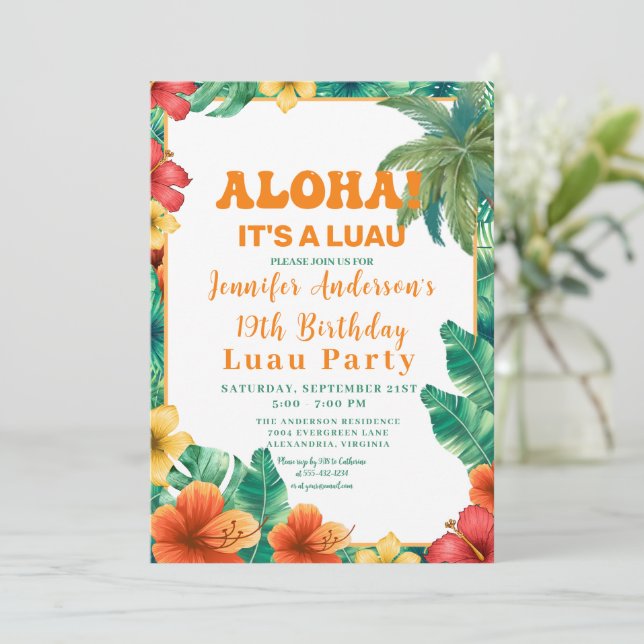 Aloha Tropical Hawaiian Floral Luau Birthday Party Invitation (Standing Front)