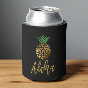 Aloha Tropical Hawaiian Pineapple Wedding Black Can Cooler