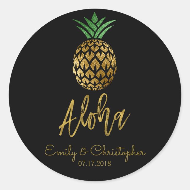 Aloha Tropical Hawaiian Pineapple Wedding Black Classic Round Sticker (Front)