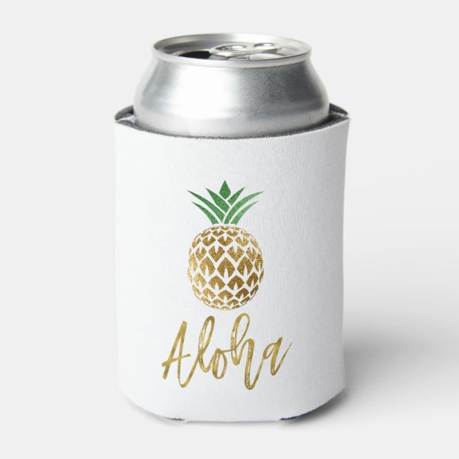 Aloha Tropical Hawaiian Pineapple Wedding White Can Cooler (Can Front)