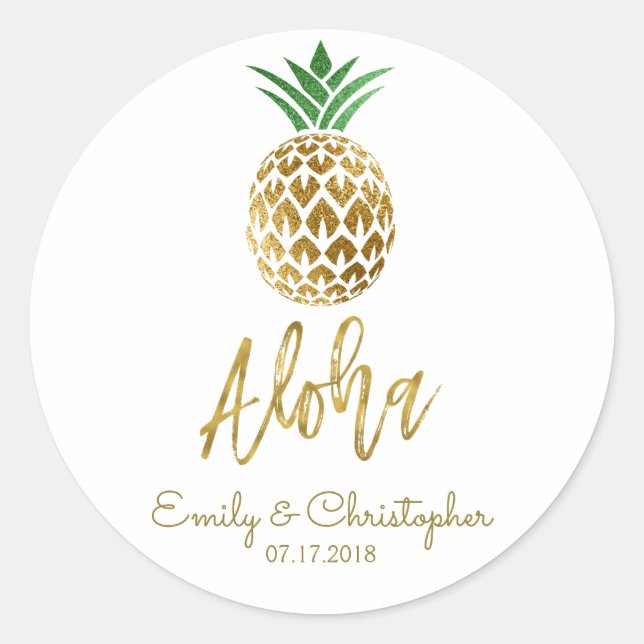 Aloha Tropical Hawaiian Pineapple Wedding White Classic Round Sticker (Front)