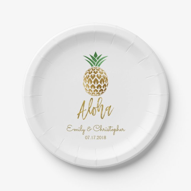 Aloha Tropical Hawaiian Pineapple Wedding White Paper Plate (Front)