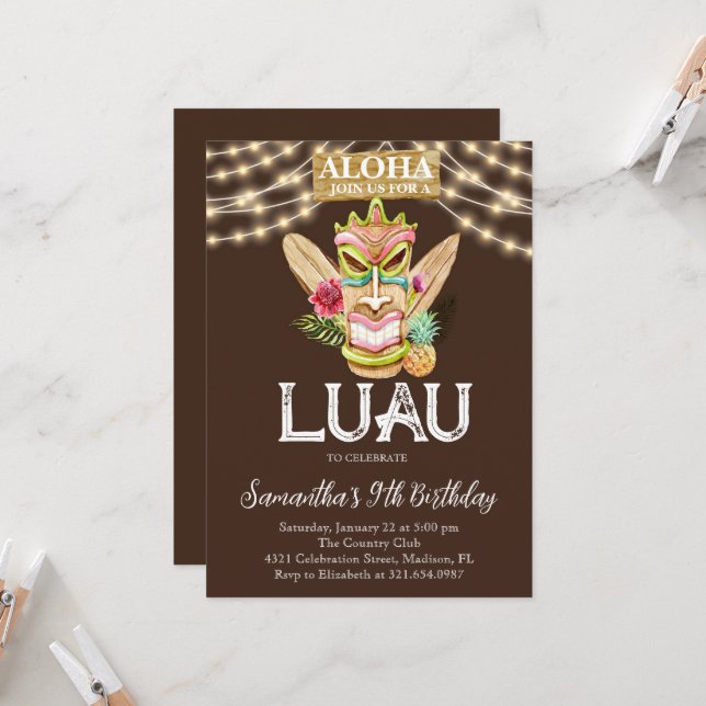 Aloha Tropical Hawaiian Tiki Luau Birthday Party  Invitation (Front/Back In Situ)