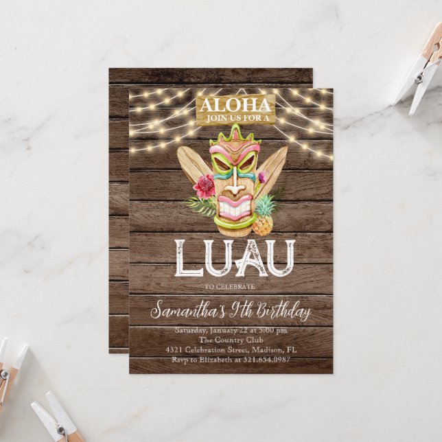 Aloha Tropical Hawaiian Tiki Luau Birthday Party  Invitation (Front/Back In Situ)