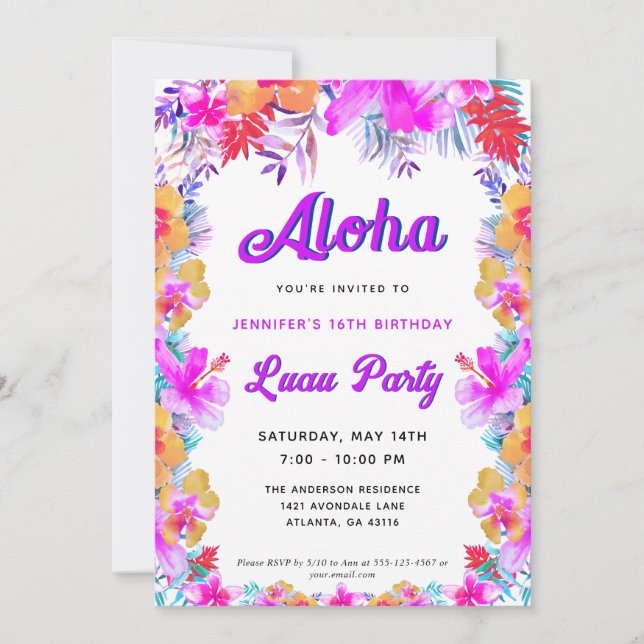 Aloha Tropical Hibiscus Luau Birthday Party Invitation (Front)