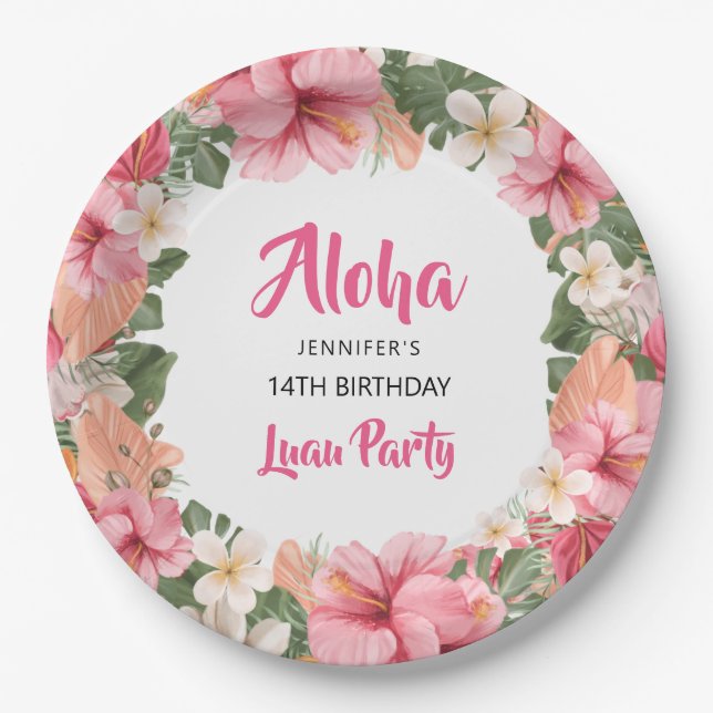 Aloha Tropical Hibiscus Luau Birthday Party Paper Plate (Front)