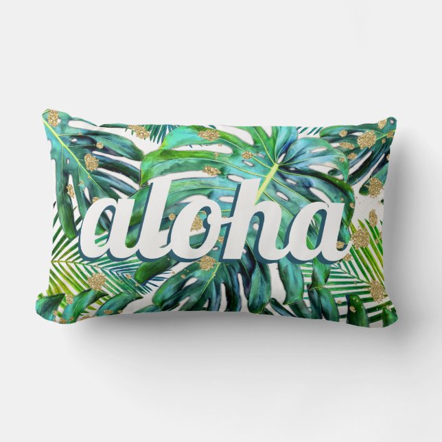 Aloha Tropical Leaf Pattern Monstera Hawaii Beach Lumbar Cushion (Front)