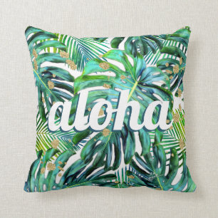 Aloha Tropical Leaf Pattern Monstera Leaves Hawaii Cushion