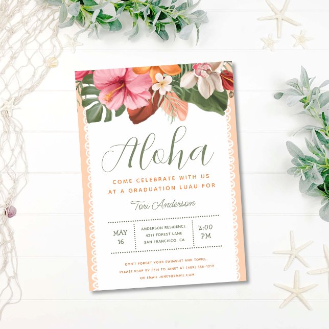 Aloha Tropical Luau Stylish Graduation Party Invitation (Creator Uploaded)
