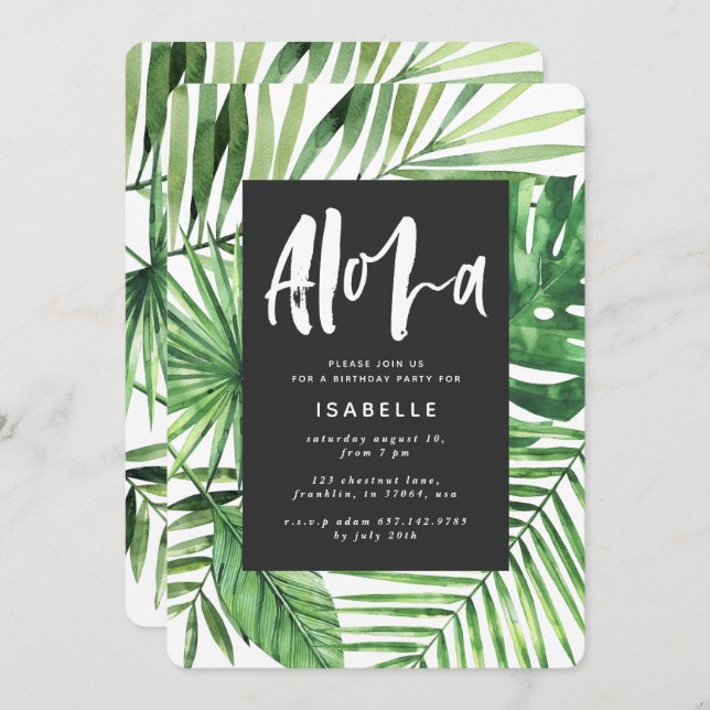 Aloha tropical palm leaf & script party invitation (Front/Back)