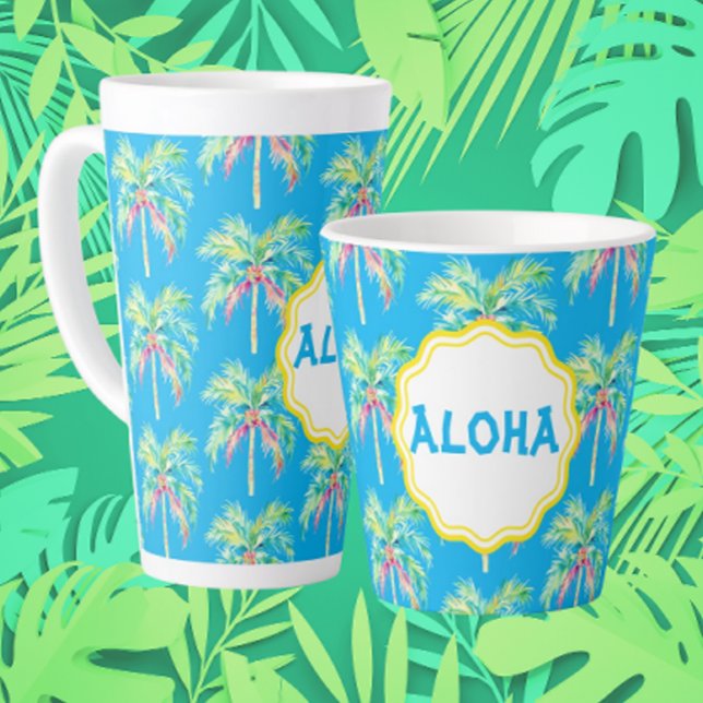 Aloha Tropical Palm Tree Blue Latte Mug (Start your morning off right with a latte. Customize with a name or message!)