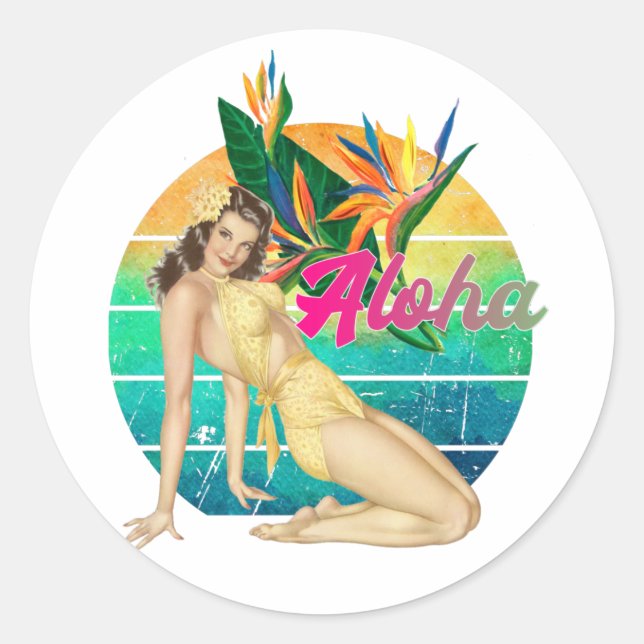 Aloha Tropical Pin-up girl retro sunset art  Classic Round Sticker (Front)