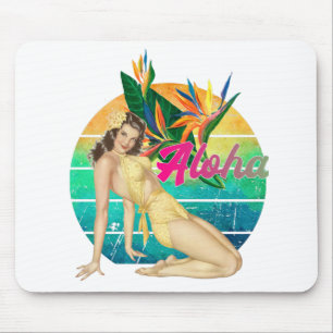 Aloha Tropical Pin-up girl retro sunset art Mouse Mat