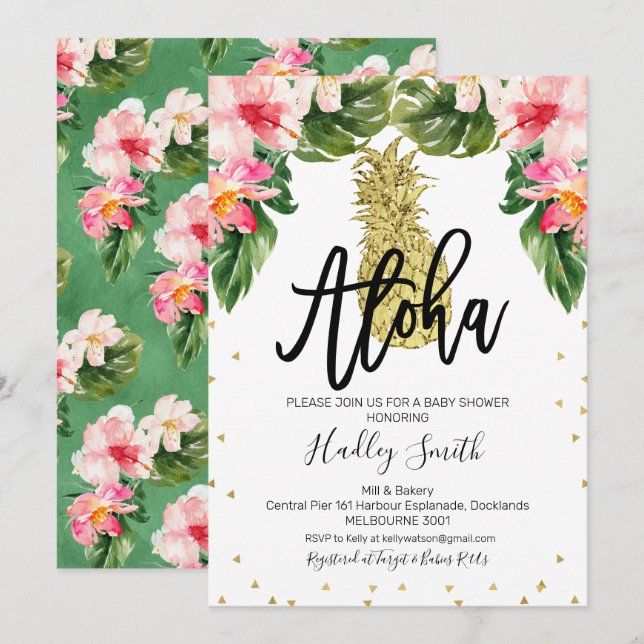 Aloha tropical pineapple baby shower invitation (Front/Back)