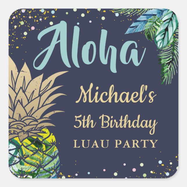 Aloha Tropical Pineapple Beach Birthday Party Square Sticker (Front)