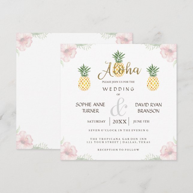 Aloha Tropical Pineapple Beach Wedding Invite (Front/Back)