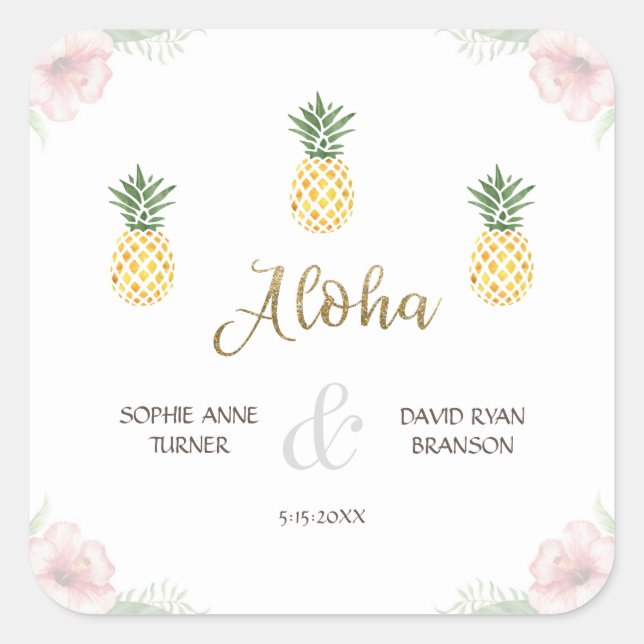 Aloha Tropical Pineapple Beach Wedding Square Sticker (Front)