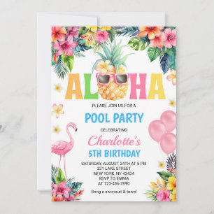 Aloha Tropical Pineapple Flamingo Pool Party Invitation