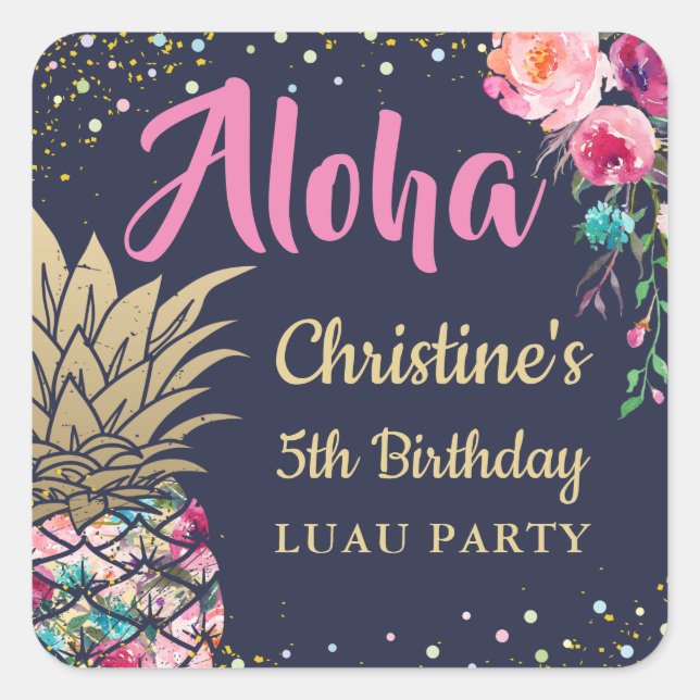 Aloha Tropical Pineapple Pink Floral Birthday Square Sticker (Front)