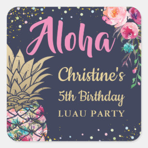 Aloha Tropical Pineapple Pink Floral Birthday Square Sticker