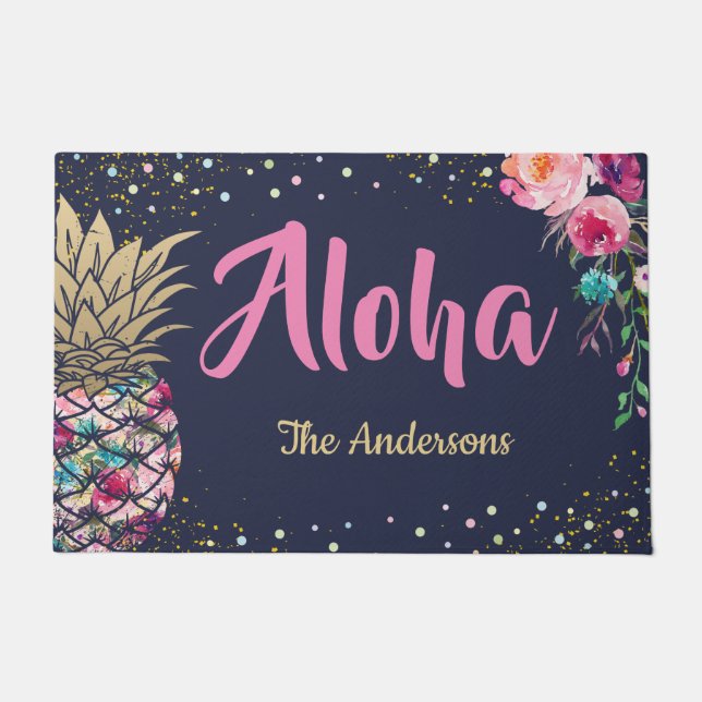 Aloha Tropical Pineapple Pink Floral Family Name Doormat (Front)