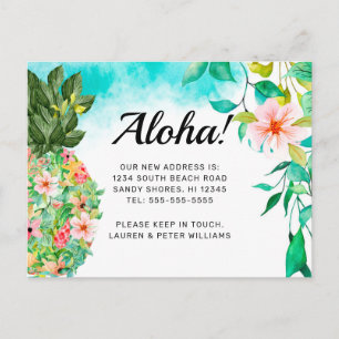 Aloha Tropical Pineapple Pink Floral Hawaii Moving Announcement Postcard